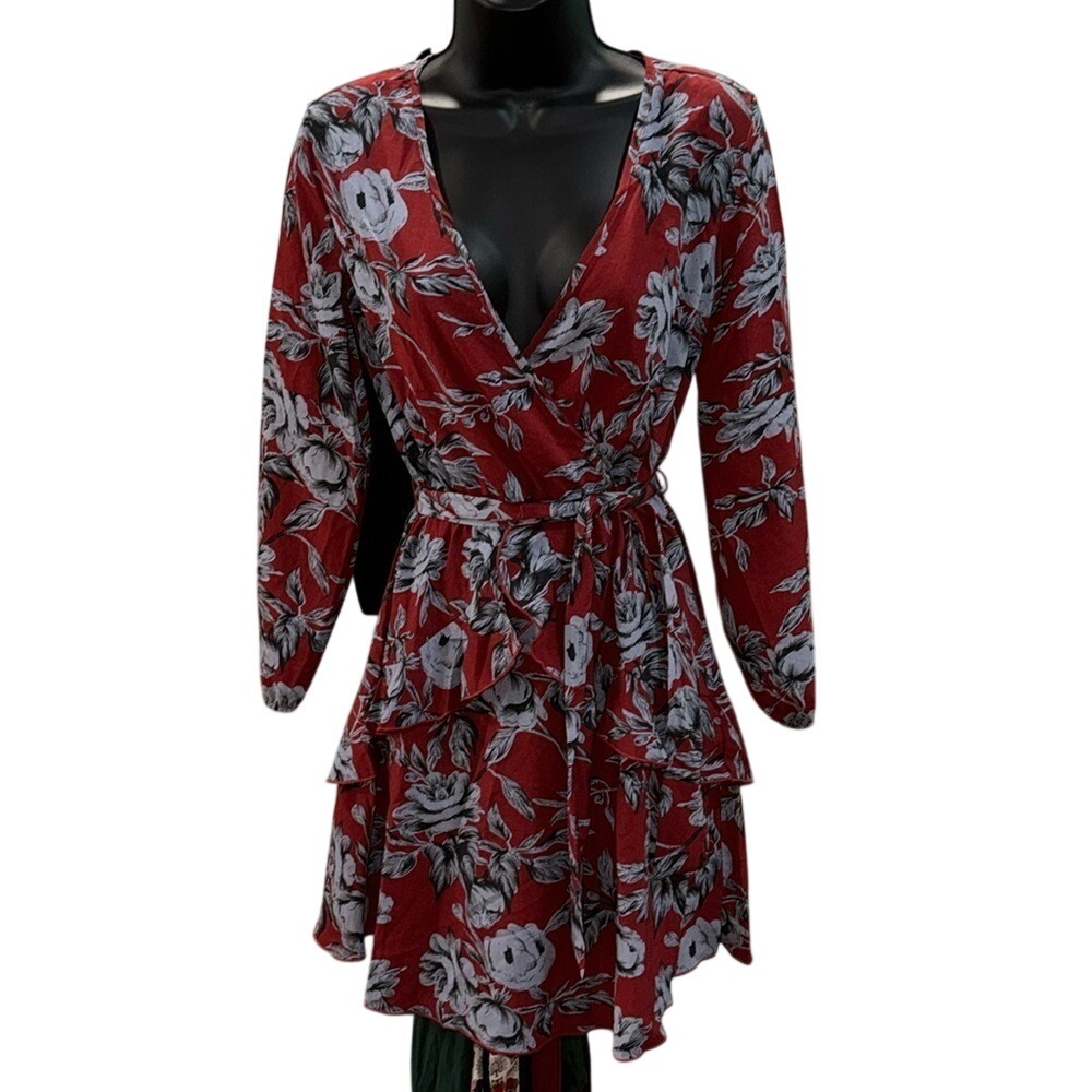 8th August Red Floral Long Sleeve Wrap Dress Ruffle Tiered Skirt Size Small